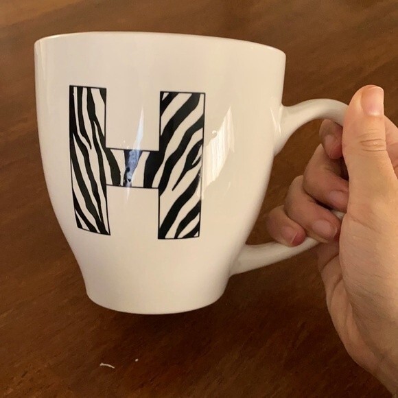 Monogram H Ceramic Mug Zebra Oversized White Black Animal Print Large Initial - Picture 1 of 5